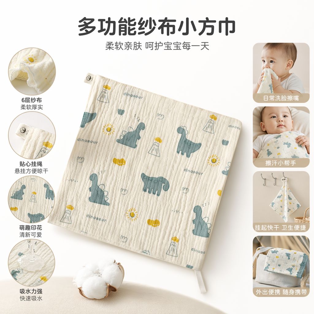 米色恐龙图案纯棉方巾 30cmx30cm 男女通用