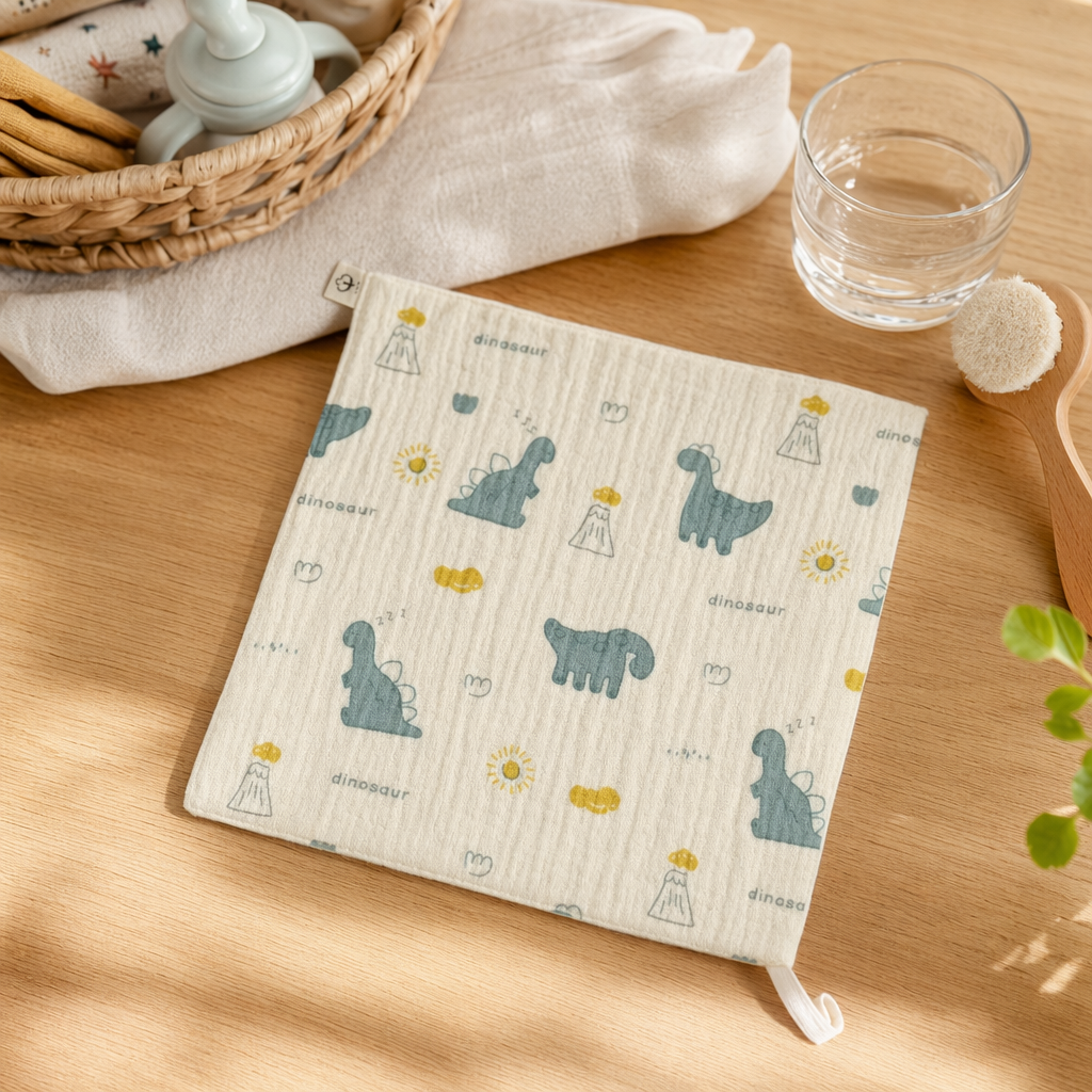 Beige dinosaur pattern pure cotton square towel 30cmx30cm, suitable for both men and women details Picture