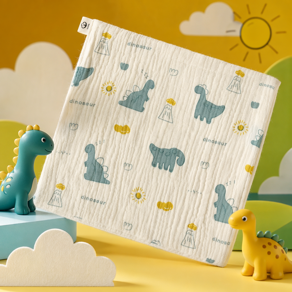 Beige dinosaur pattern pure cotton square towel 30cmx30cm, suitable for both men and women Specification image