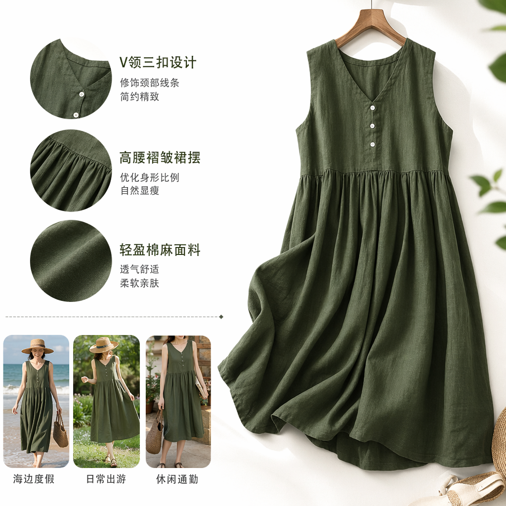 军绿色无袖连衣裙 女夏装时尚简约显瘦A字裙