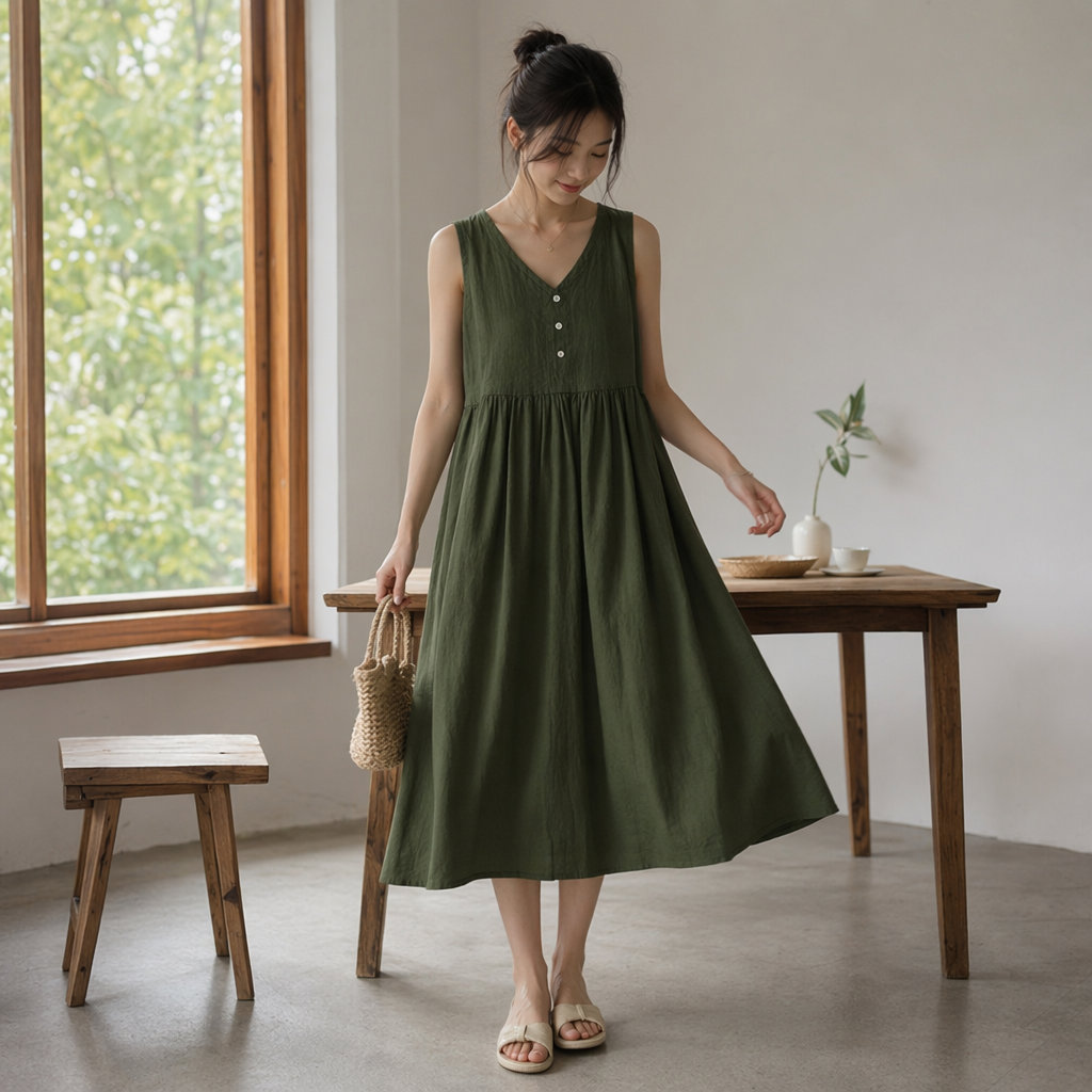 The military green sleeveless dress is A fashionable, simple and slimming A-line dress for women in summer details Picture