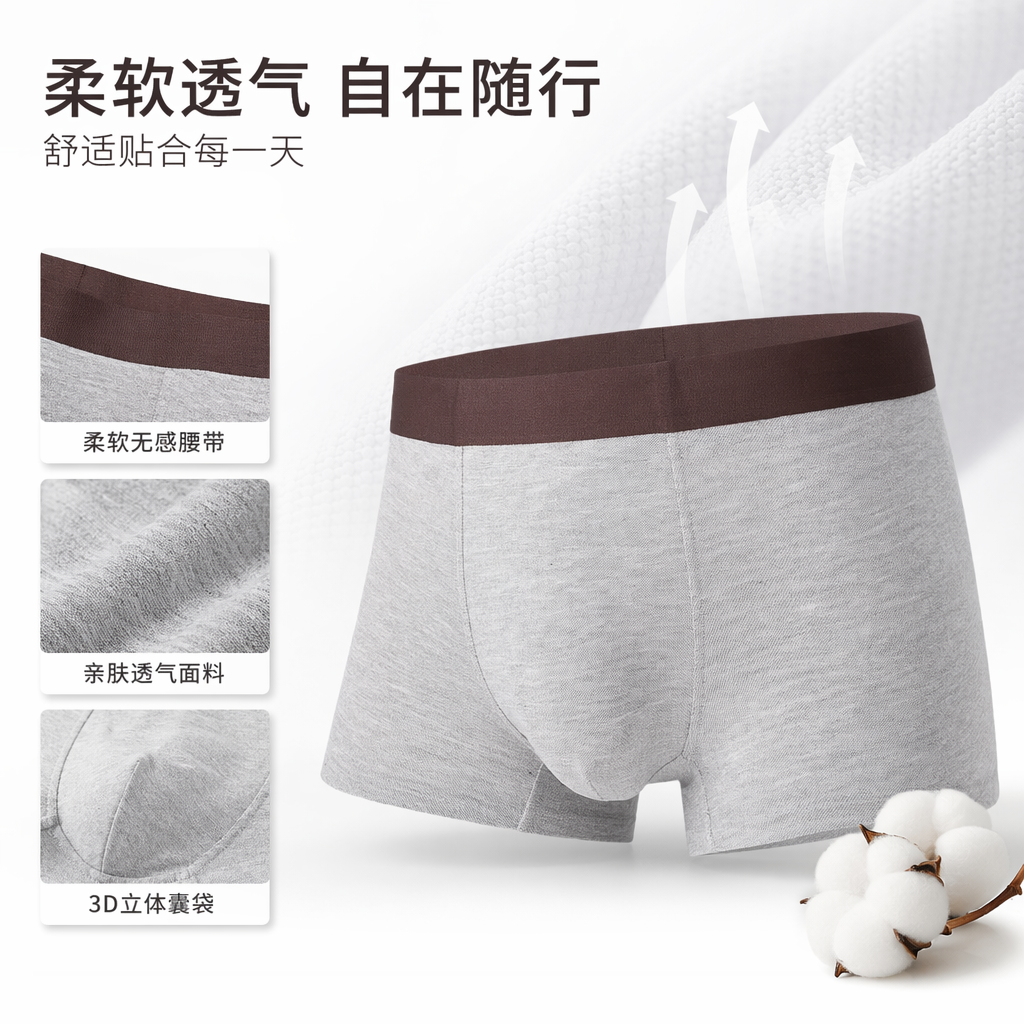 Grey pure cotton men's underwear with flat corners, comfortable, breathable and simple basic style
