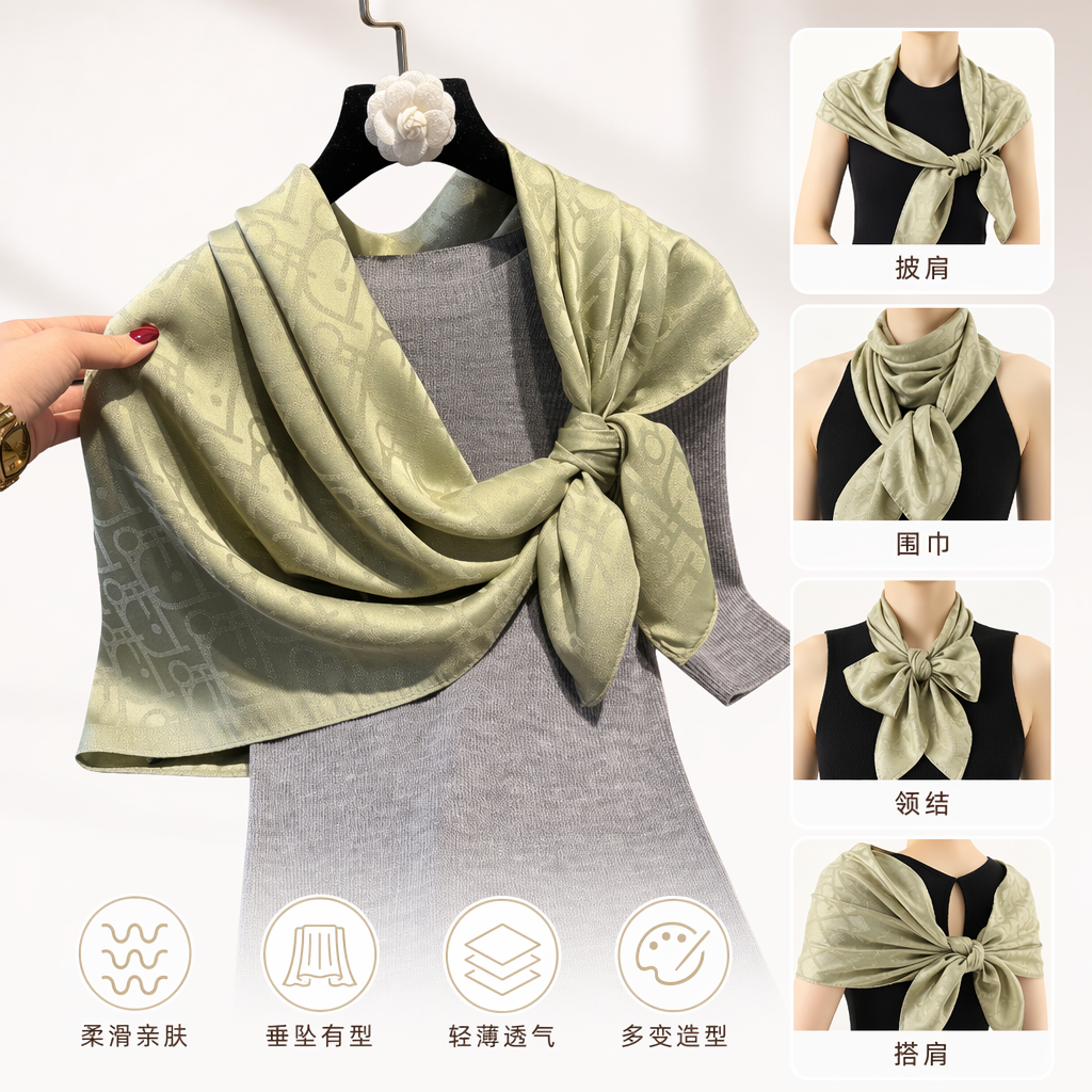 A light green printed silk scarf is skin-friendly and breathable, paired with a grey knitted sweater for spring and autumn outfits