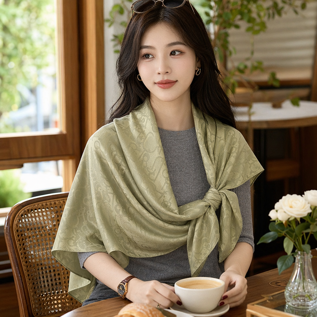 A light green printed silk scarf is skin-friendly and breathable, paired with a grey knitted sweater for spring and autumn outfits details Picture