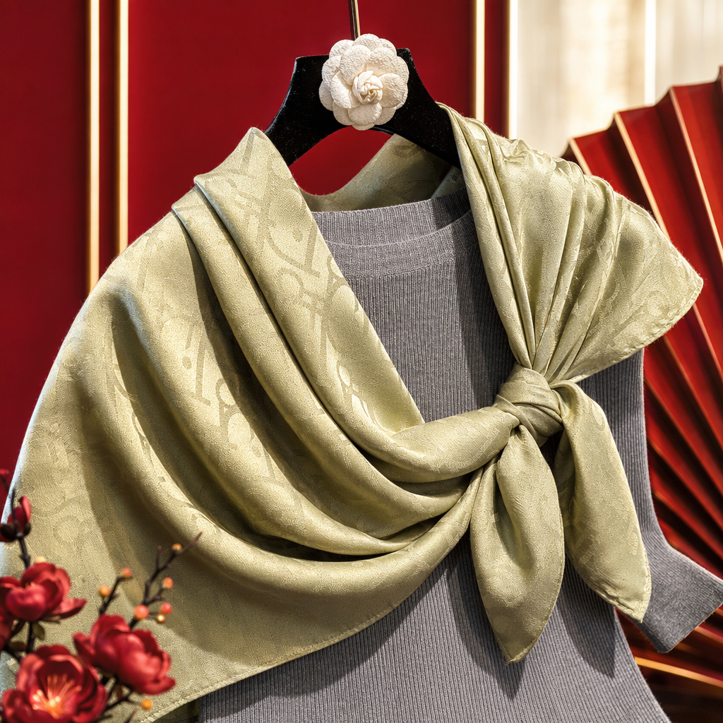 A light green printed silk scarf is skin-friendly and breathable, paired with a grey knitted sweater for spring and autumn outfits Specification image