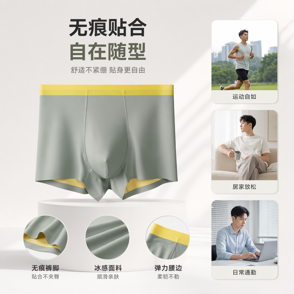 Grey pure cotton men's underwear, comfortable and breathable, with flat corners at the four corners