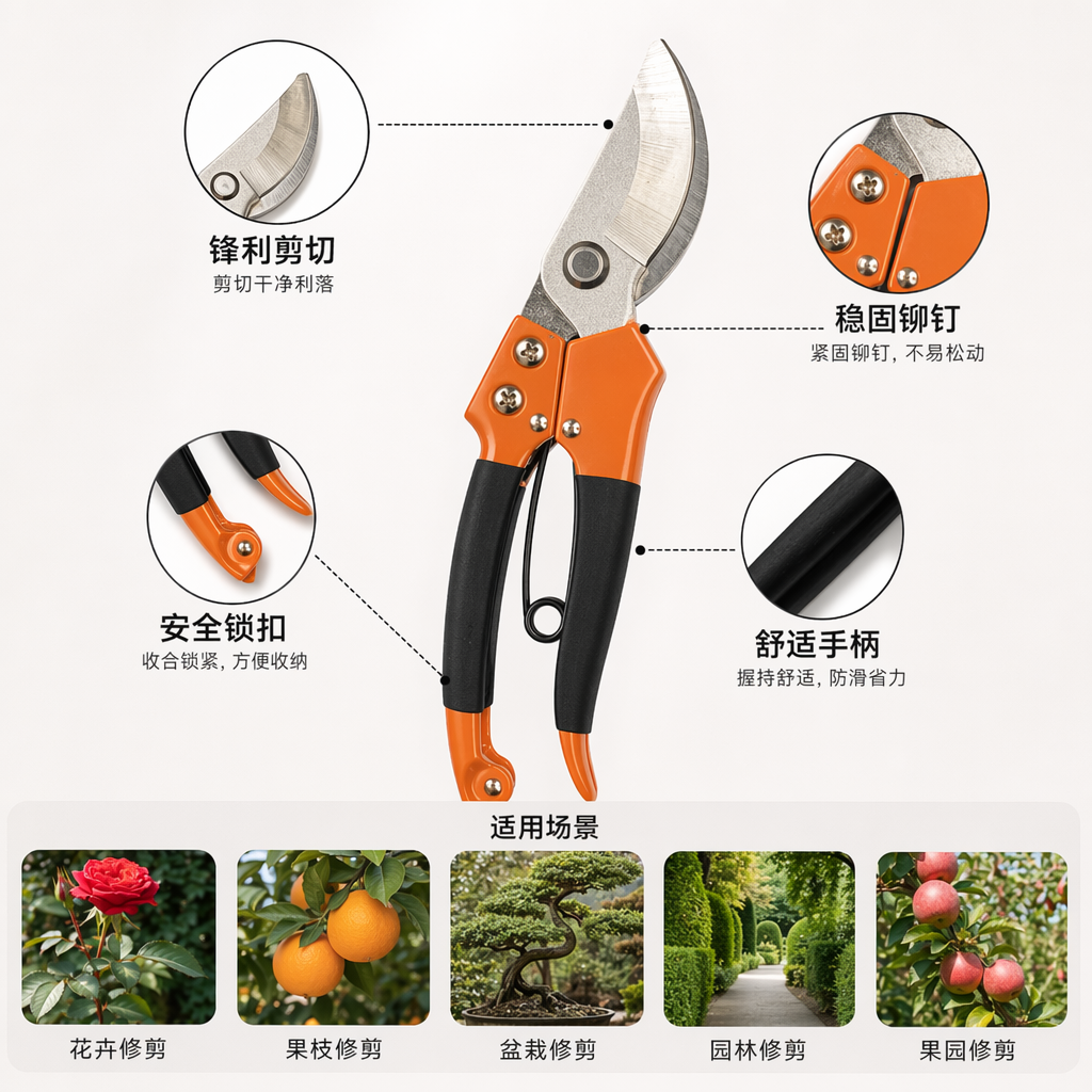 Orange and black striped garden scissors, high-carbon steel sharp pruning shears, garden hand pruning tools