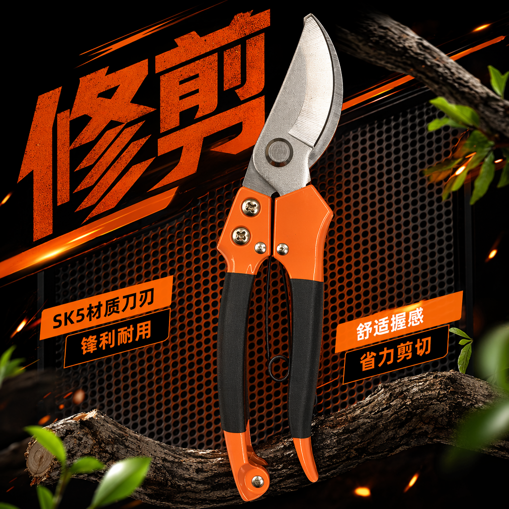 Orange and black striped garden scissors, high-carbon steel sharp pruning shears, garden hand pruning tools Specification image