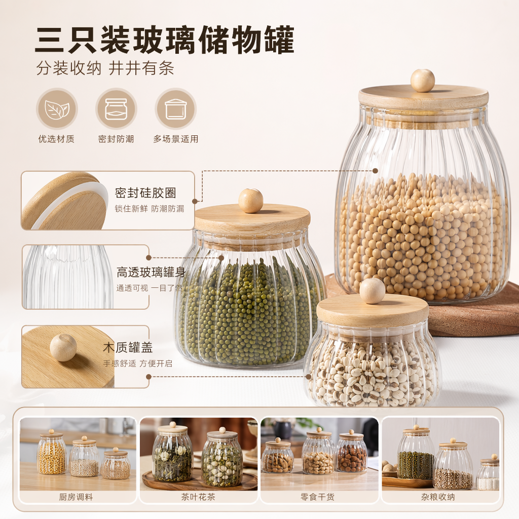 Transparent glass storage tank, household kitchen storage sealed moisture-proof and fresh-keeping container