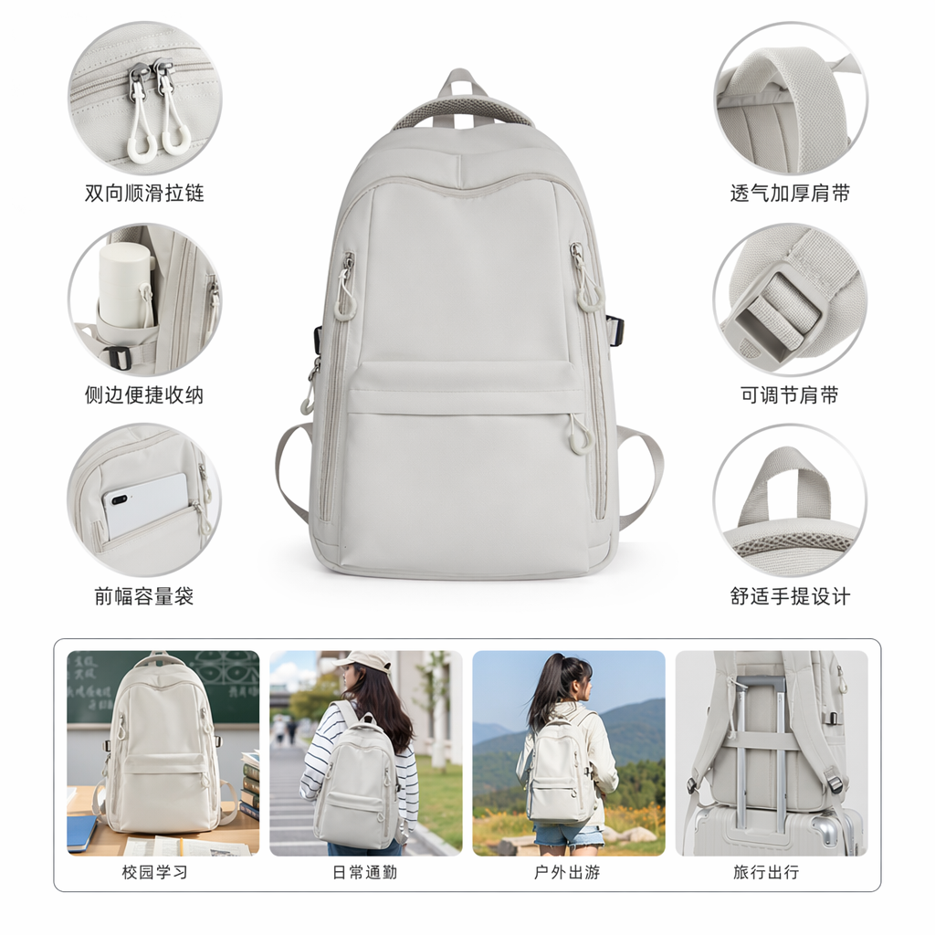 Light grey backpack, lightweight and large-capacity student commuting travel backpack
