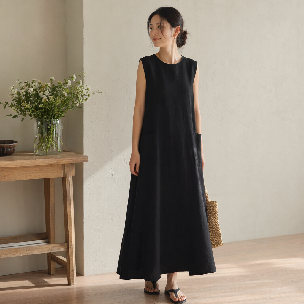 Black sleeveless slimming dress, an elegant and stylish long dress for women in summer details Picture