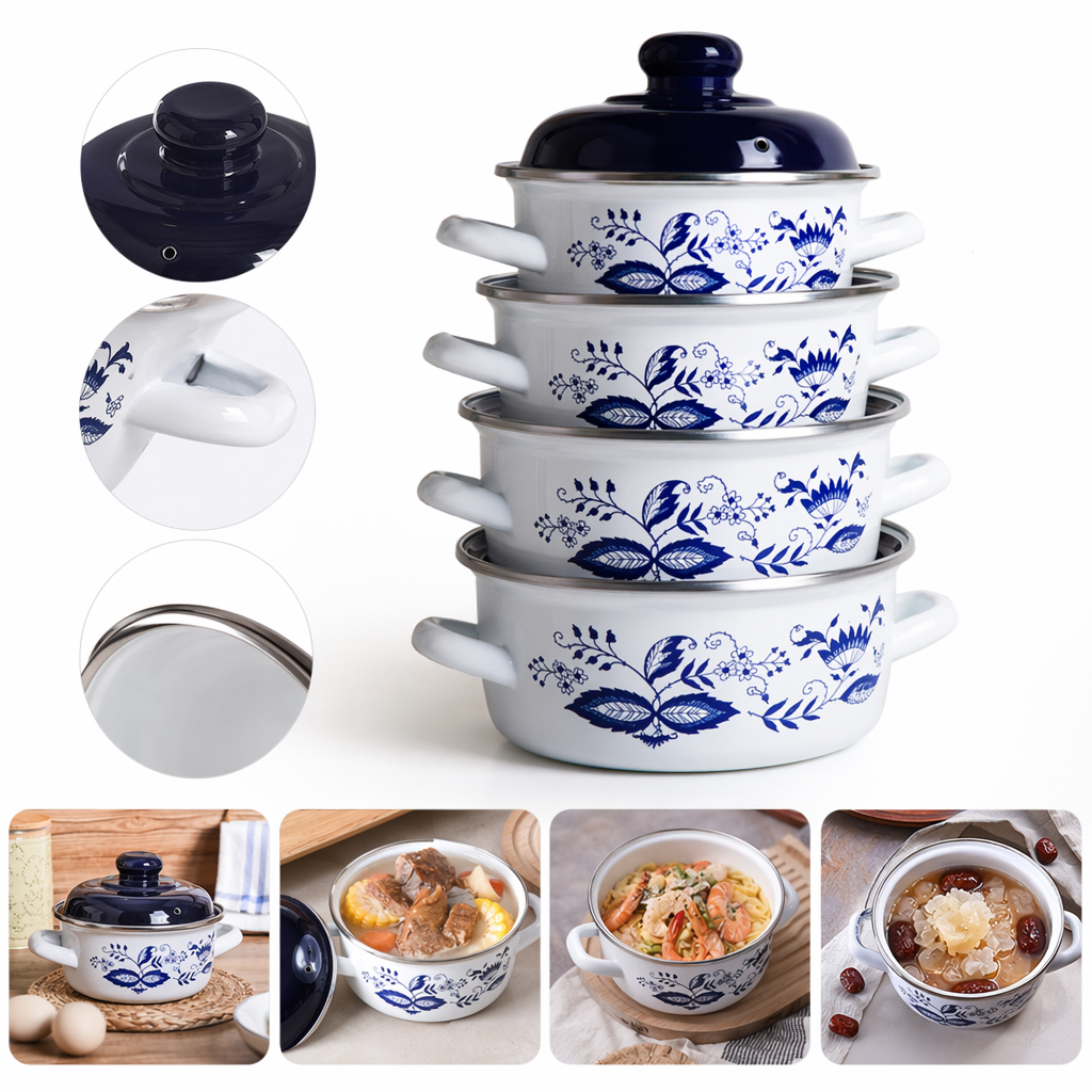 蓝白花纹搪瓷锅具套装家用复古风煎炒炖煮多功能