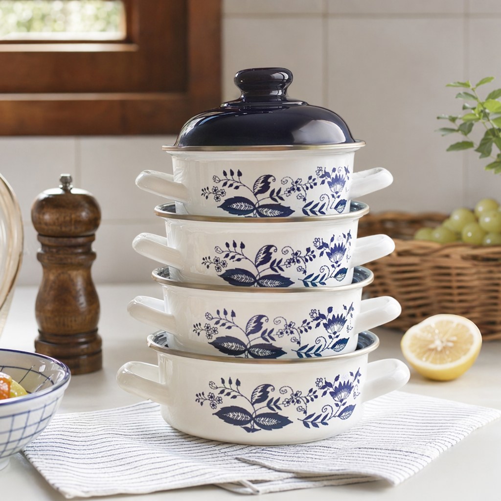 Blue and white patterned enamel cookware set, home retro style, multi-functional for frying, stir-frying, stewing and boiling details Picture