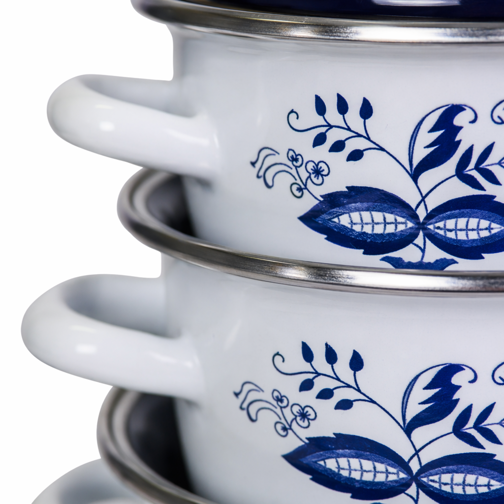 Blue and white patterned enamel cookware set, home retro style, multi-functional for frying, stir-frying, stewing and boiling Application Scenario