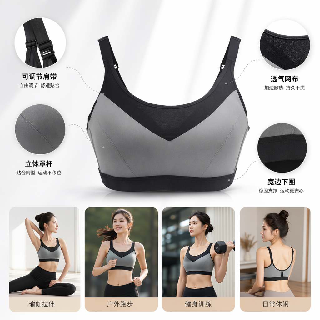 Grey and black sports bra with high support and no steel rings, specially designed for fitness, yoga and running