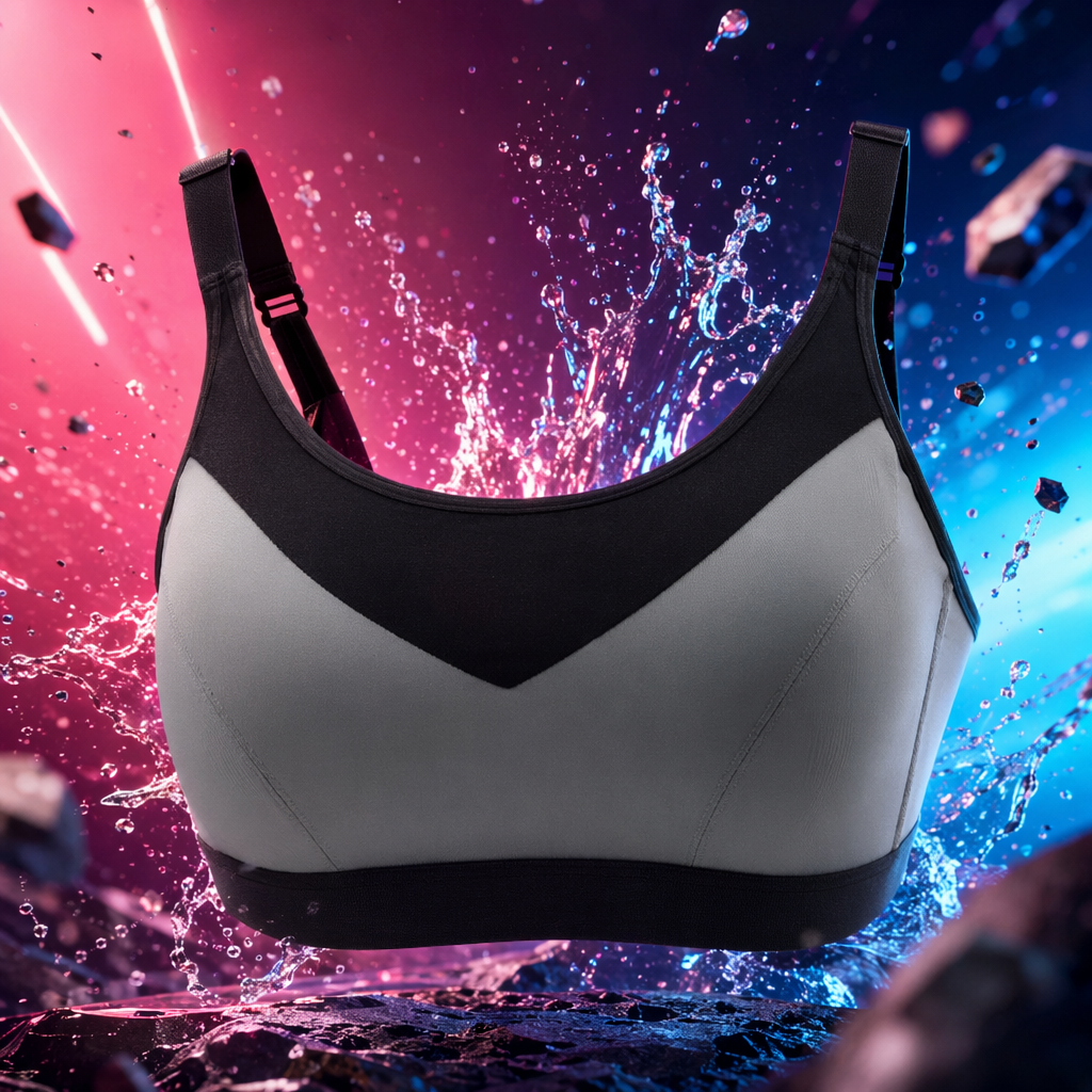 Grey and black sports bra with high support and no steel rings, specially designed for fitness, yoga and running Specification image