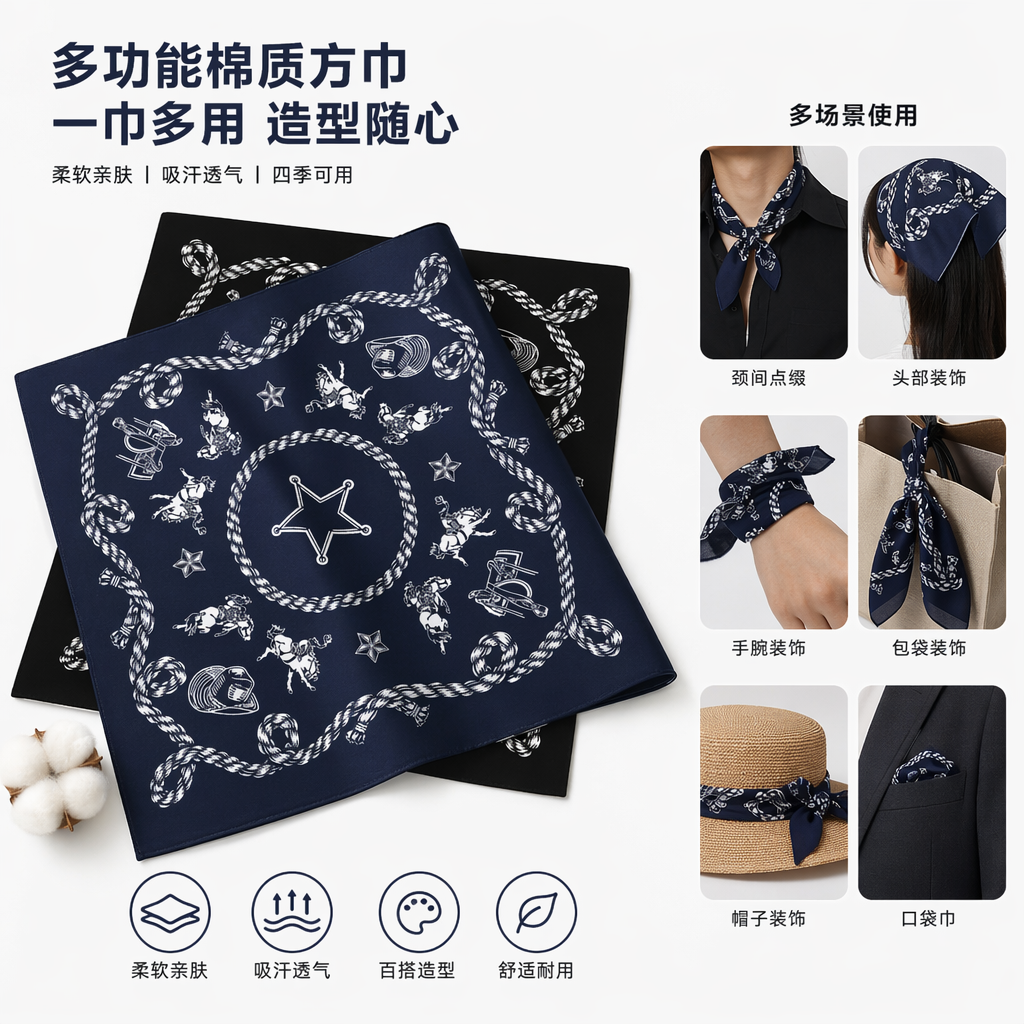 黑色深蓝牛仔风方巾 白色绳结星星马匹牛仔帽图案