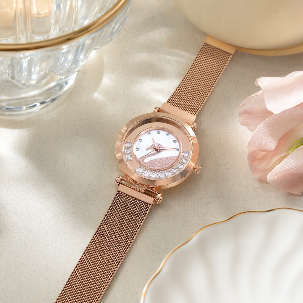 A rose gold watch with a diamond-encrusted swan pattern details Picture