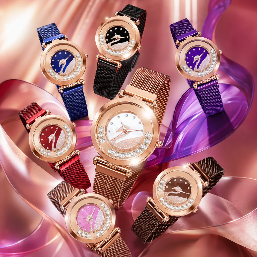A rose gold watch with a diamond-encrusted swan pattern Specification image
