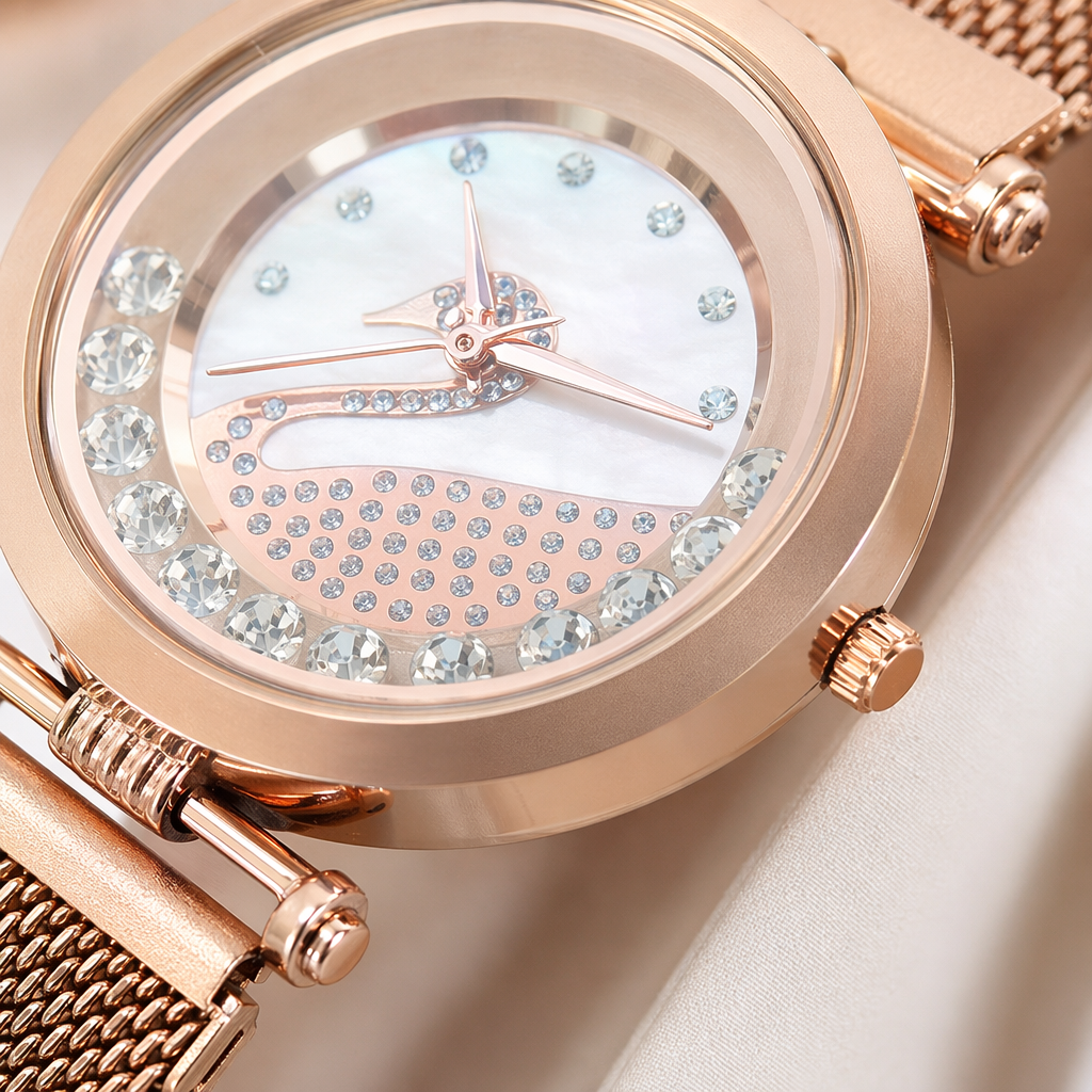 A rose gold watch with a diamond-encrusted swan pattern Application Scenario