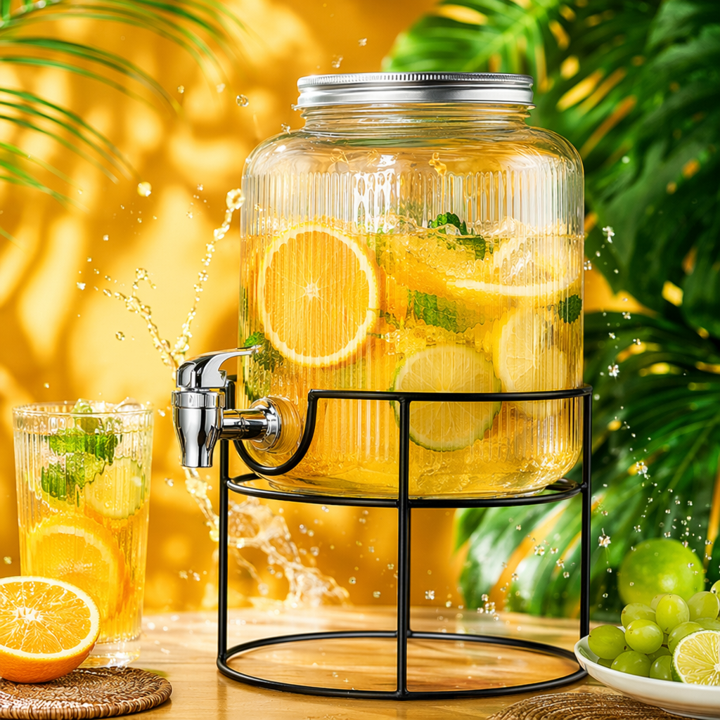 Household large-capacity cold drink water bottle with faucet, buffet juice bucket, glass beverage can, cold water bottle, cola bucket Specification image