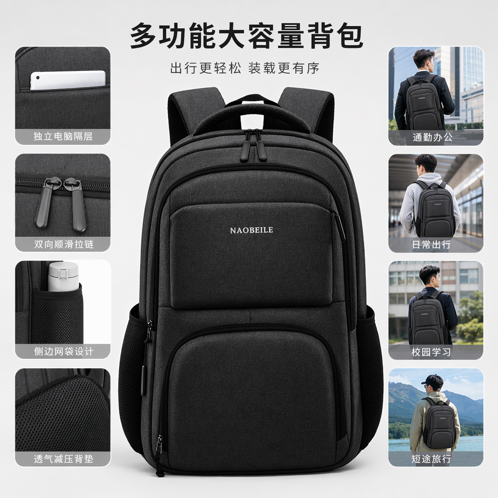 灰色简约时尚双肩背包男女通用轻便大容量通勤旅行