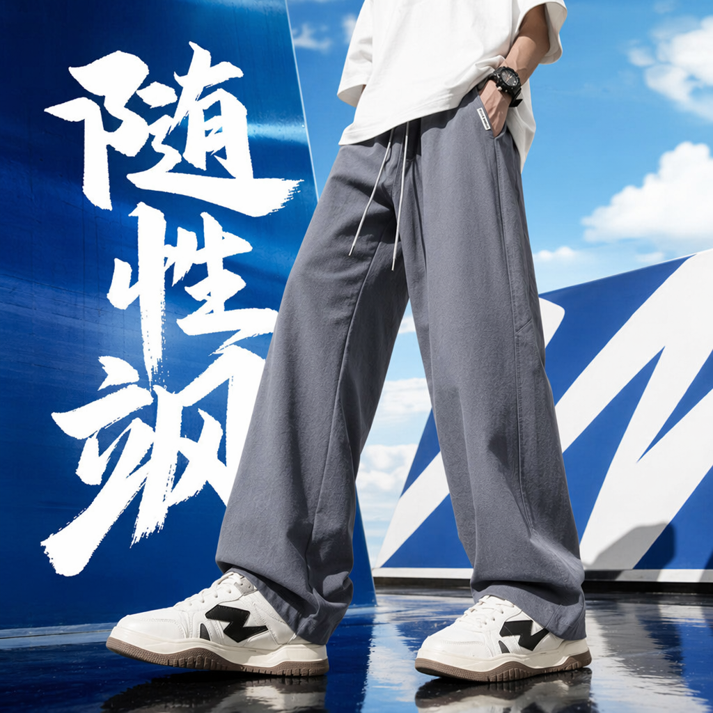 灰色宽松长裤+人物细节图