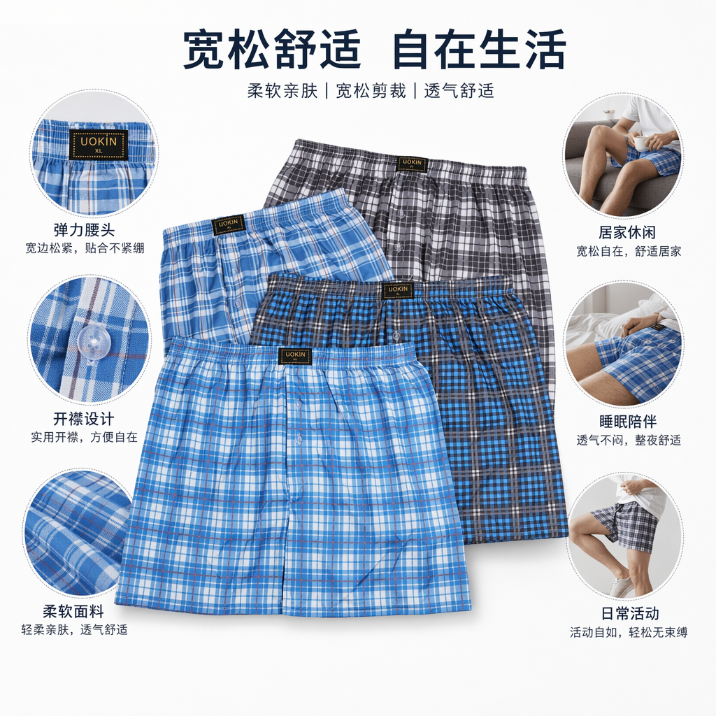 Blue and white checkered, gray and white checkered men's underwear, pure cotton, comfortable and breathable