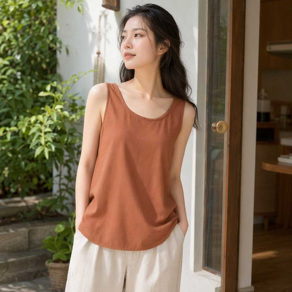 Brown sleeveless tank top for women, pure cotton, slimming and form-fitting summer innerwear details Picture