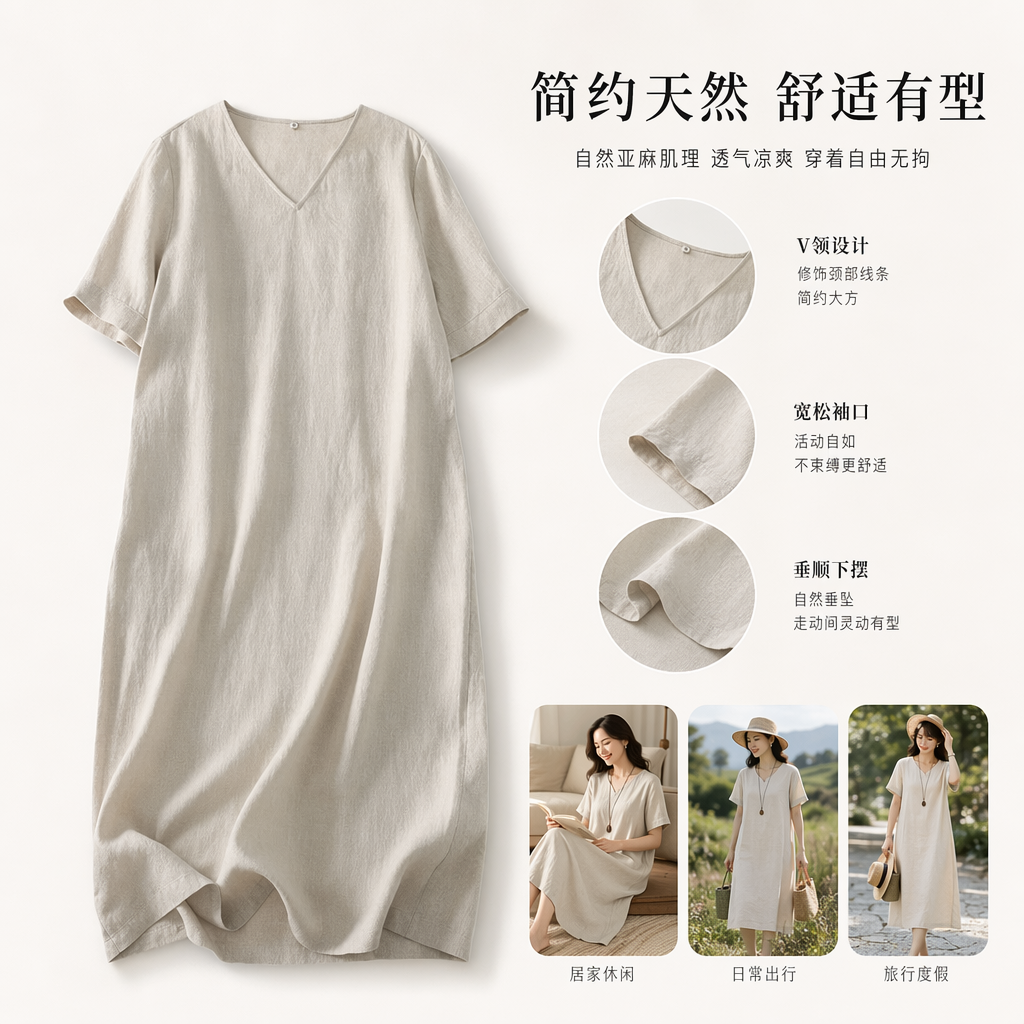 Beige V-neck short-sleeved dress for women, summer slimming and form-fitting pure cotton A-line dress