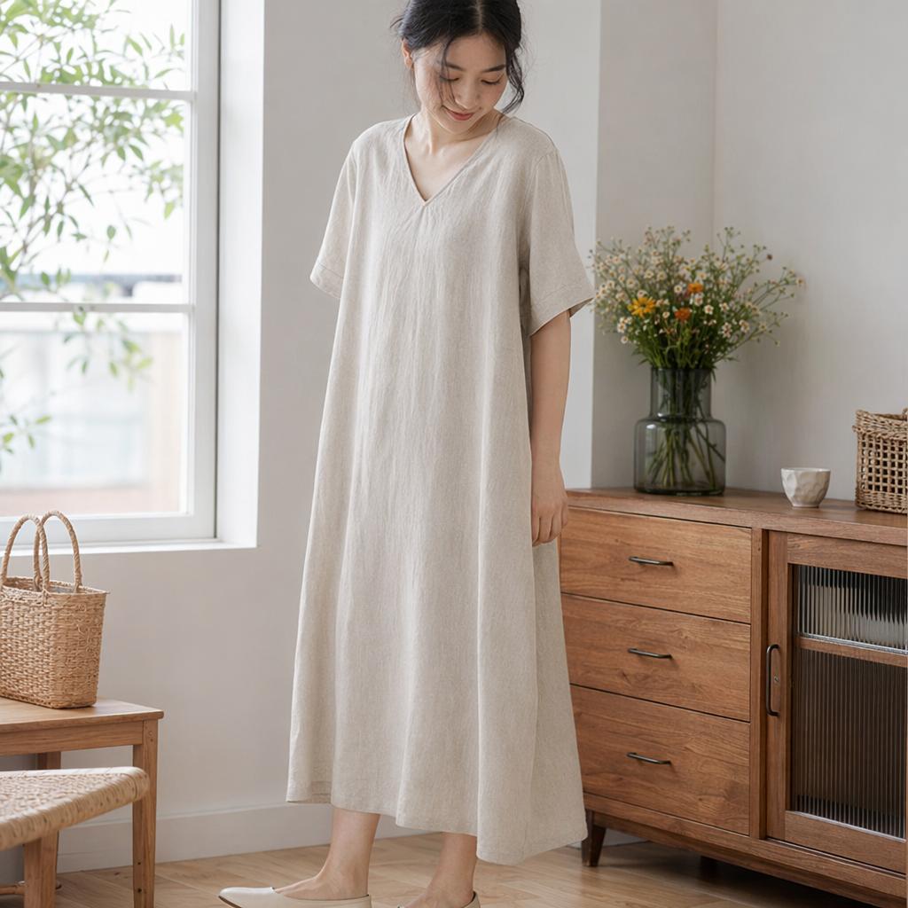 Beige V-neck short-sleeved dress for women, summer slimming and form-fitting pure cotton A-line dress details Picture