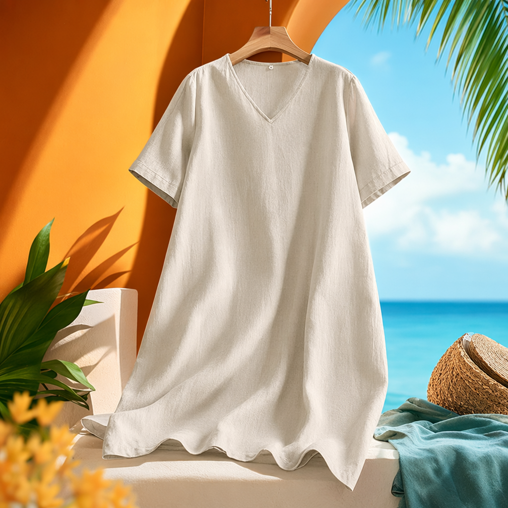 Beige V-neck short-sleeved dress for women, summer slimming and form-fitting pure cotton A-line dress Specification image