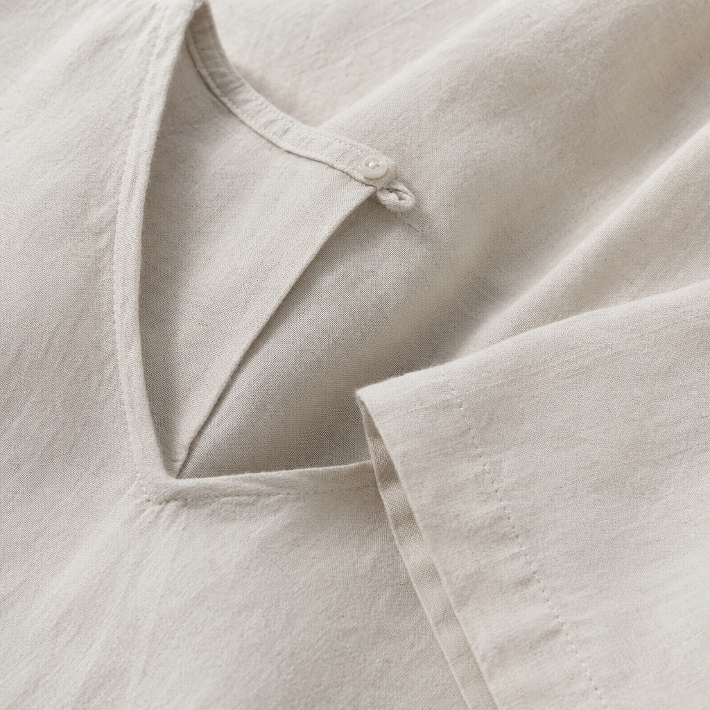 Beige V-neck short-sleeved dress for women, summer slimming and form-fitting pure cotton A-line dress Application Scenario