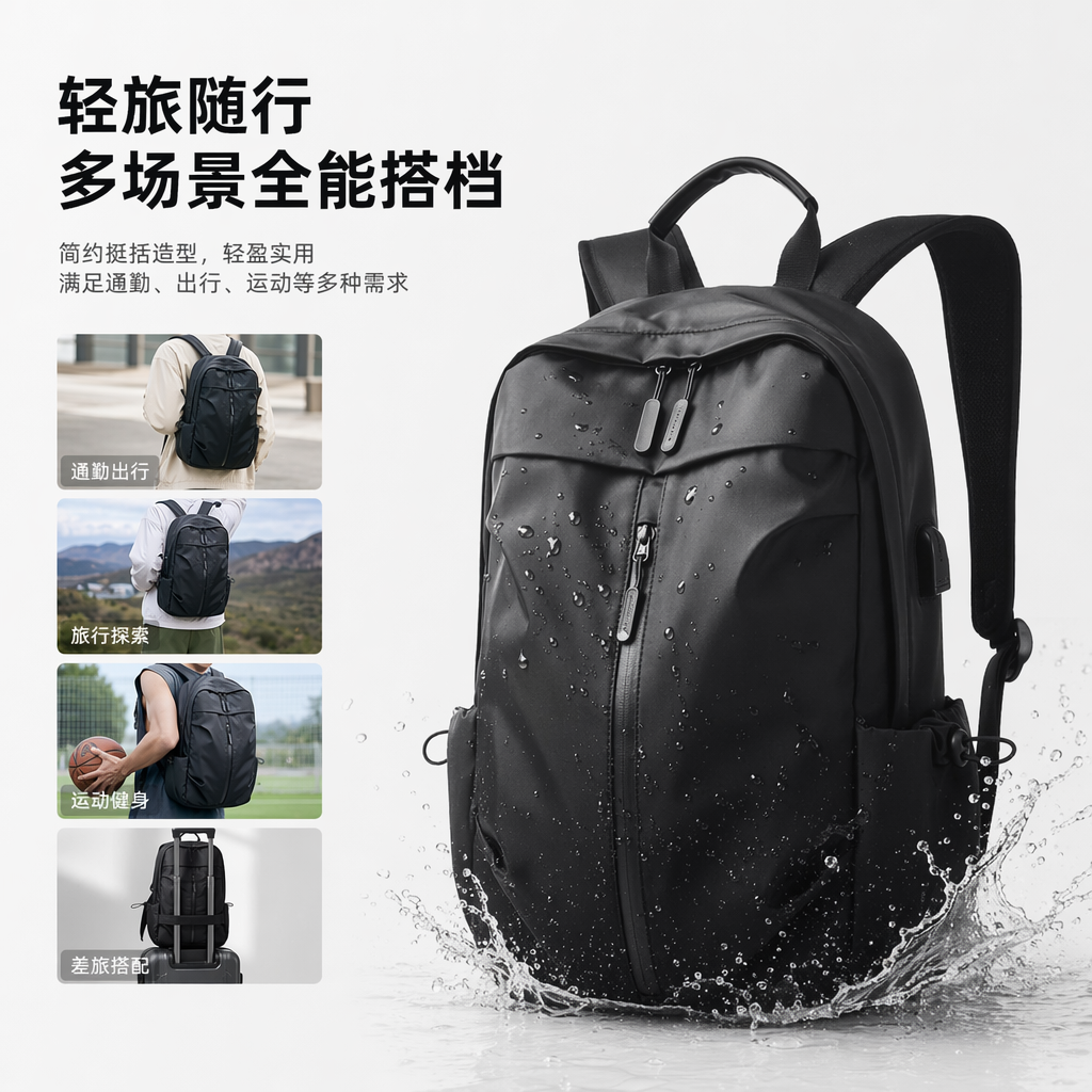 Black nylon wear-resistant commuting backpack, lightweight and pressure-resistant, specially designed for students and office workers full image