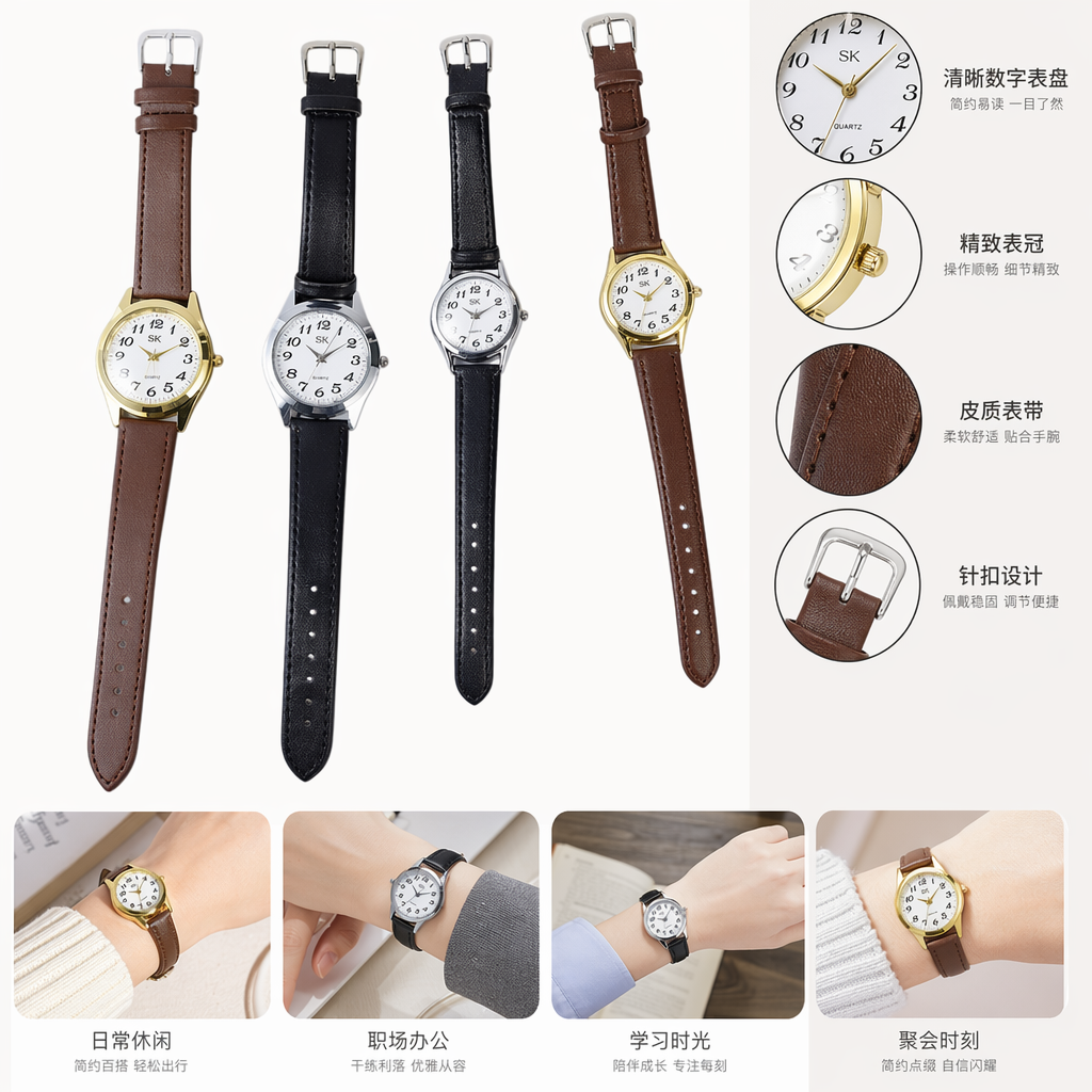 Four leather strap watches are suitable for both men and women, simple and versatile, and adjustable