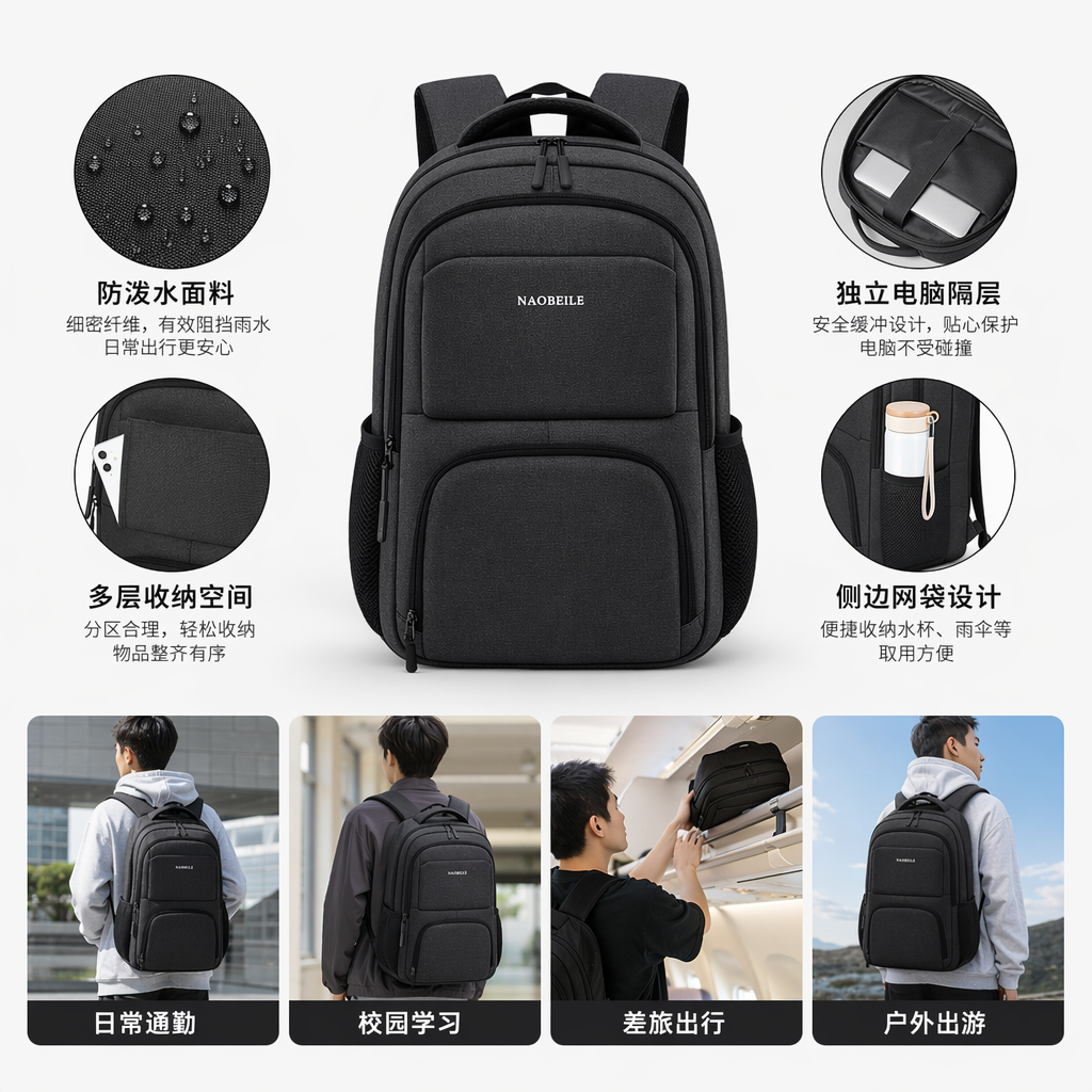 The grey backpack is simple and convenient for students to commute to. It has a large capacity, is waterproof and wear-resistant