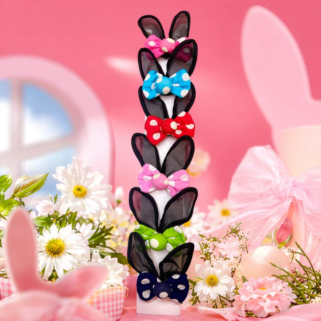 Colorful polka dot rabbit ear hair clips are sweet and cute. They are fashionable and versatile headwear for young girls Specification image