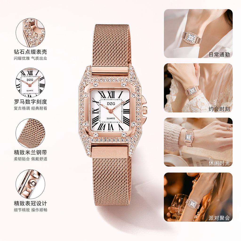 DZG rose gold diamond-encrusted square watch, purple and blue gradient metal strap, gold mesh strap, white Roman numerals dial