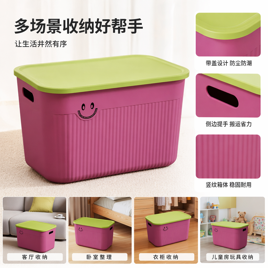 Rose red covered storage box, plastic household organization box, large-capacity dust-proof storage box