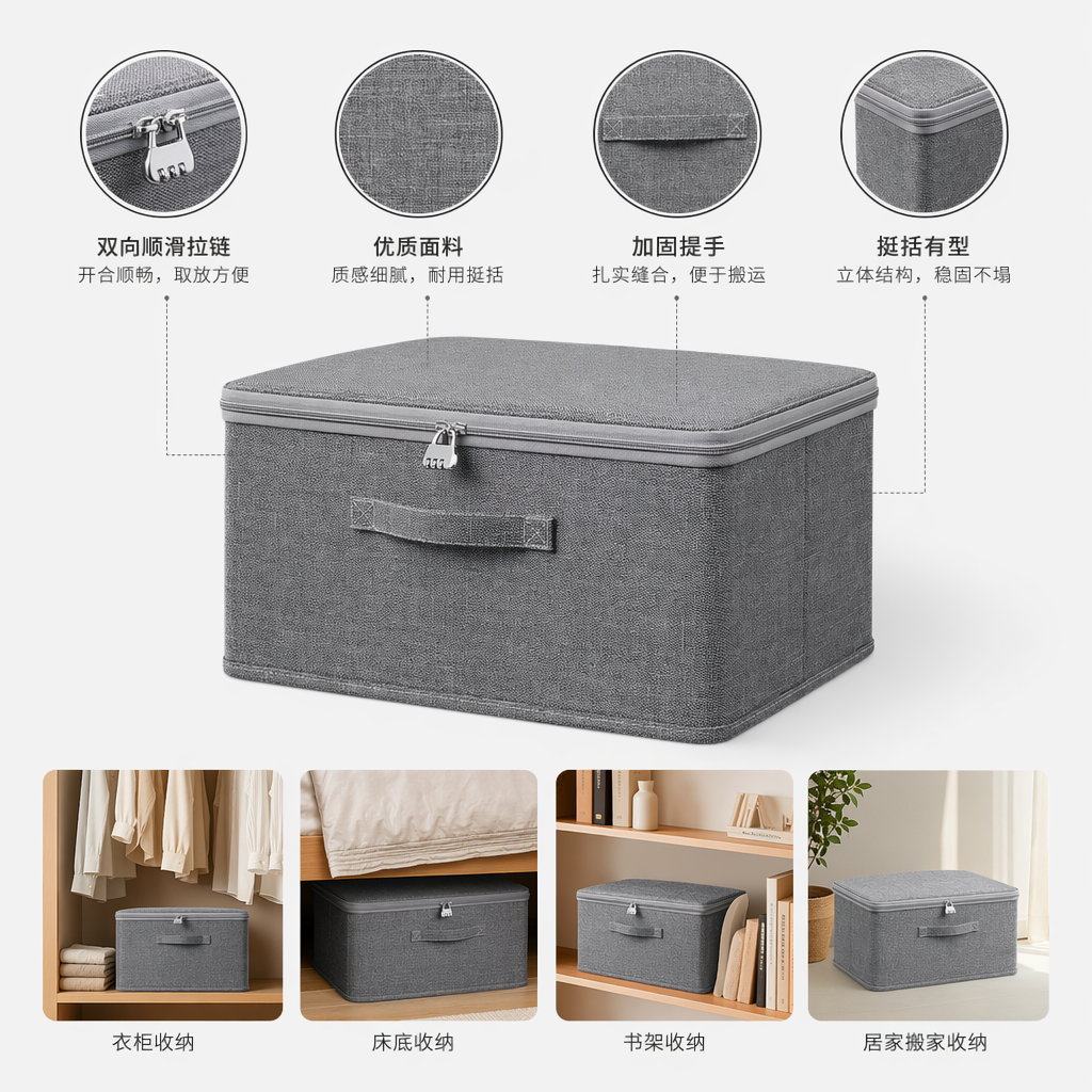 Grey fabric storage box for home organization and storage, simple Nordic style