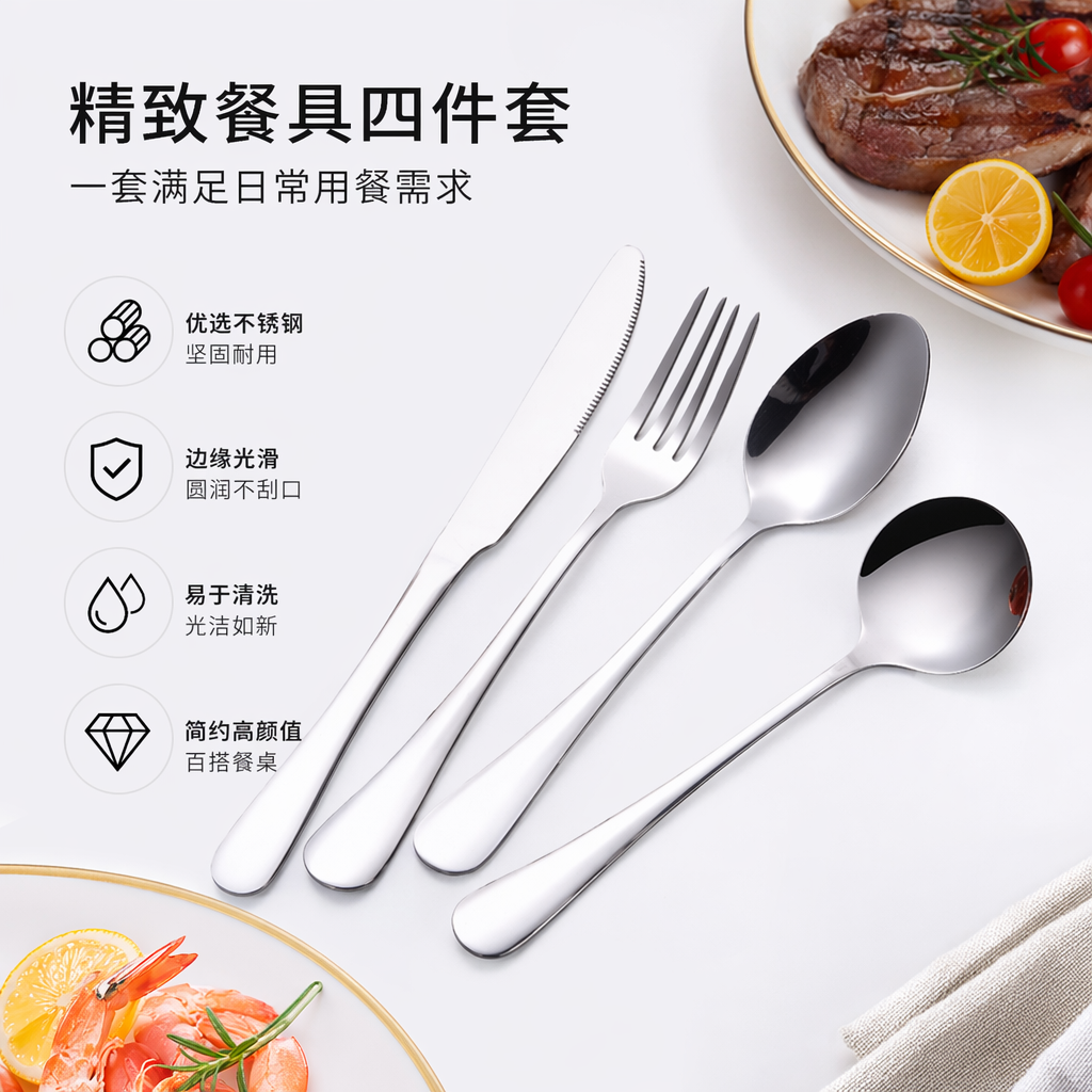 Silver tableware set, stainless steel spoons, forks and knives, four-piece set, home simple style full image