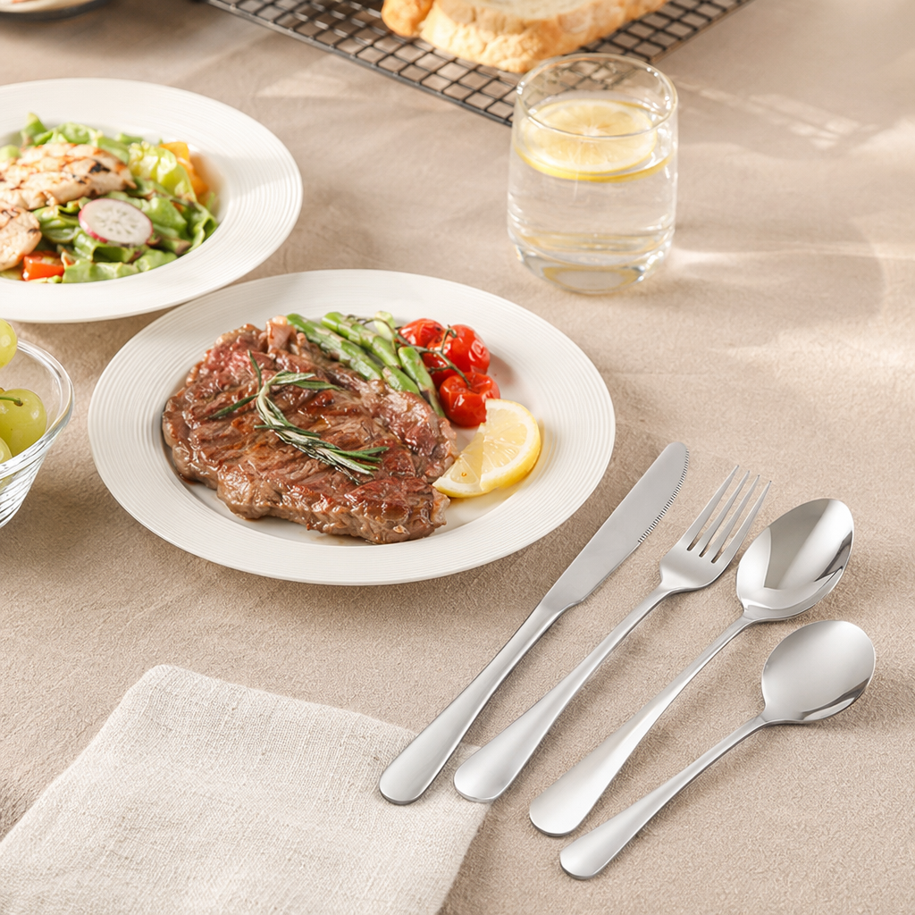 Silver tableware set, stainless steel spoons, forks and knives, four-piece set, home simple style details Picture
