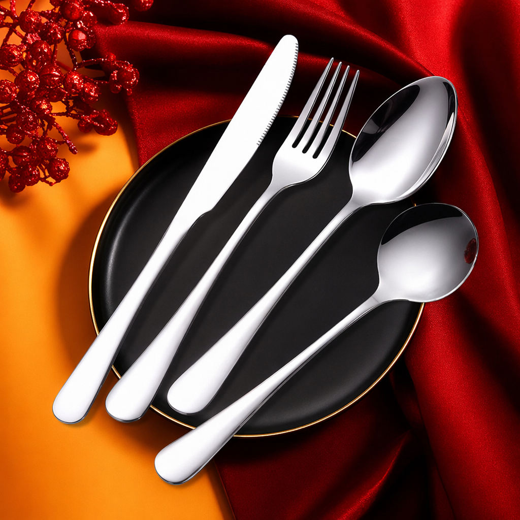 Silver tableware set, stainless steel spoons, forks and knives, four-piece set, home simple style Specification image