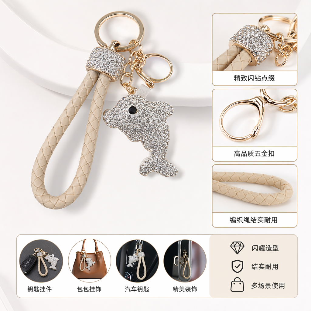 Beige woven rope dolphin diamond-encrusted keychain fashionable and simple pendant