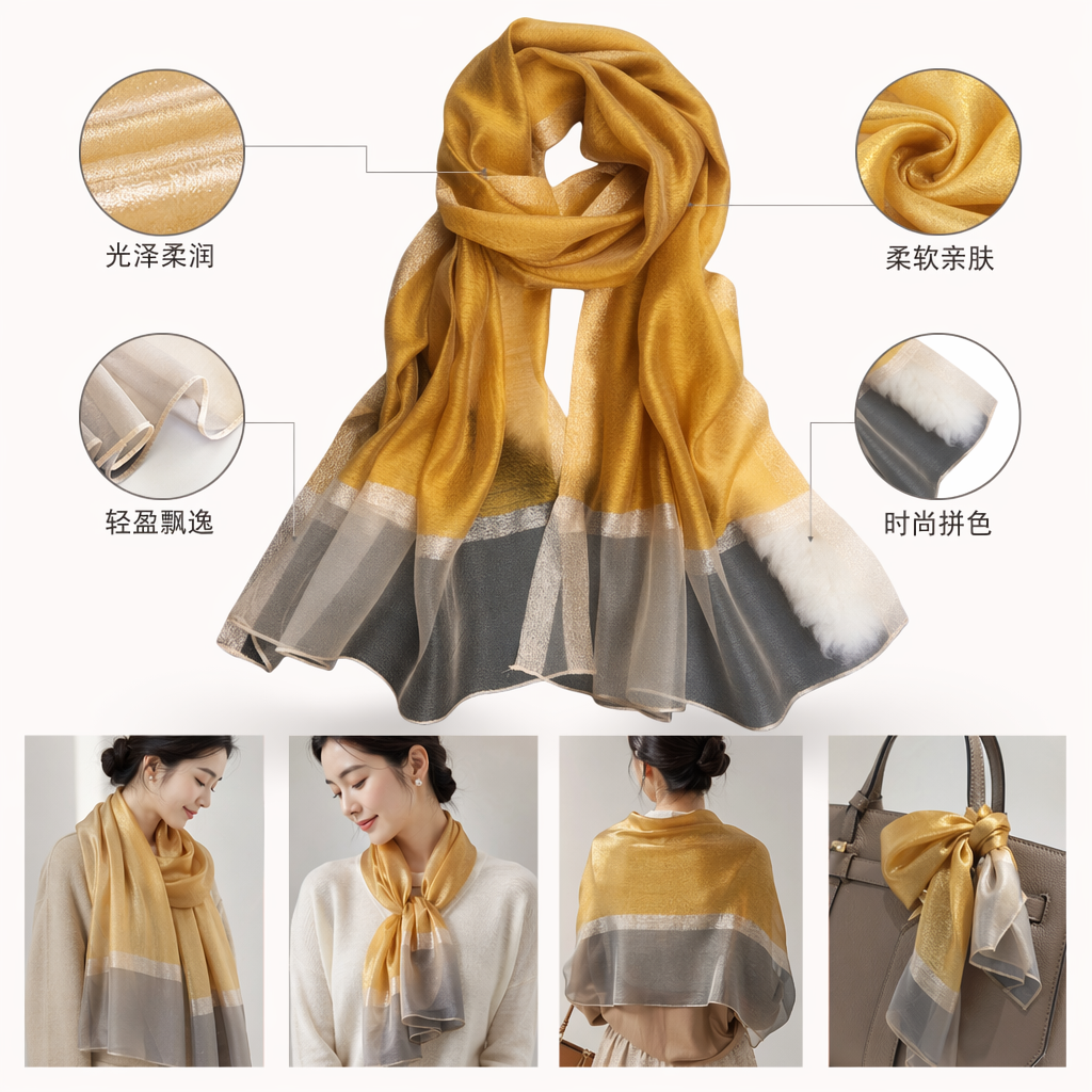 This golden silk scarf is warm, light and drape for women in autumn and winter, made of a blend of real silk full image