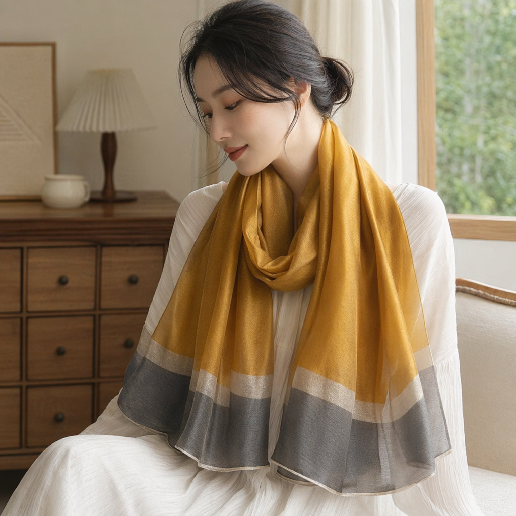 This golden silk scarf is warm, light and drape for women in autumn and winter, made of a blend of real silk details Picture