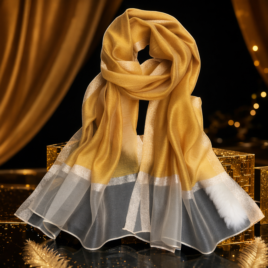 This golden silk scarf is warm, light and drape for women in autumn and winter, made of a blend of real silk Specification image