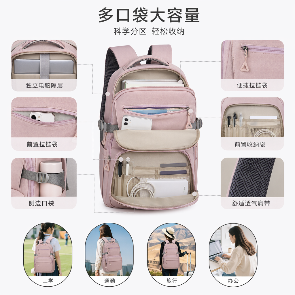 Pink backpack for women, lightweight and large-capacity student commuting, casual and fashionable backpack full image