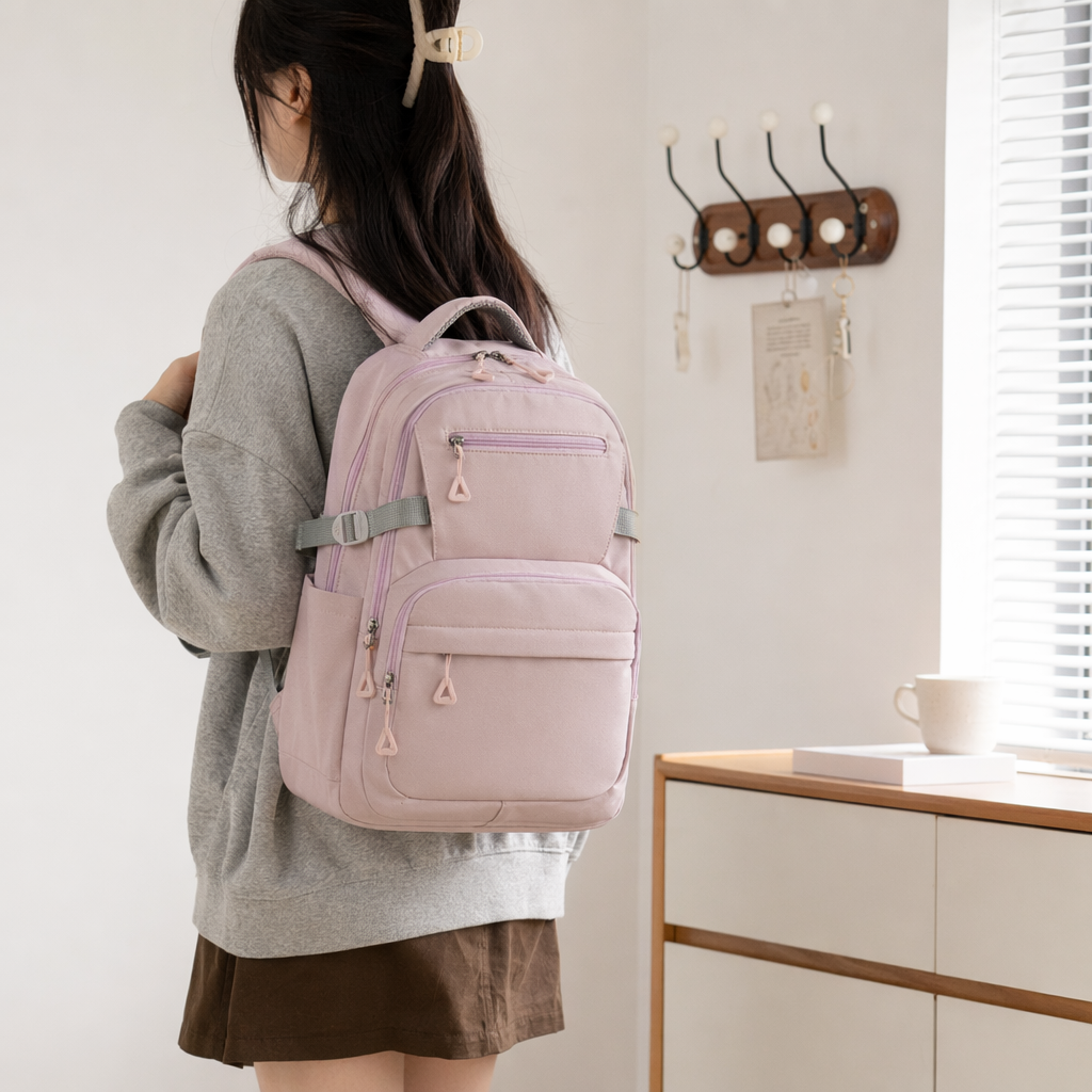 Pink backpack for women, lightweight and large-capacity student commuting, casual and fashionable backpack details Picture