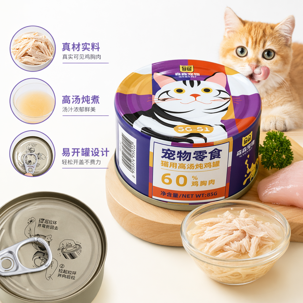 森森宠物零食 猫用高汤炖鸡罐 85g每罐 60%鸡胸肉